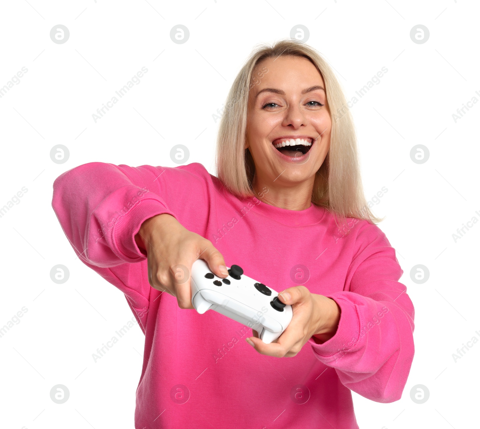 Photo of Happy woman playing video games with controller on white background