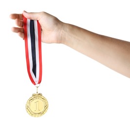 Photo of Woman with golden medal on white background, closeup