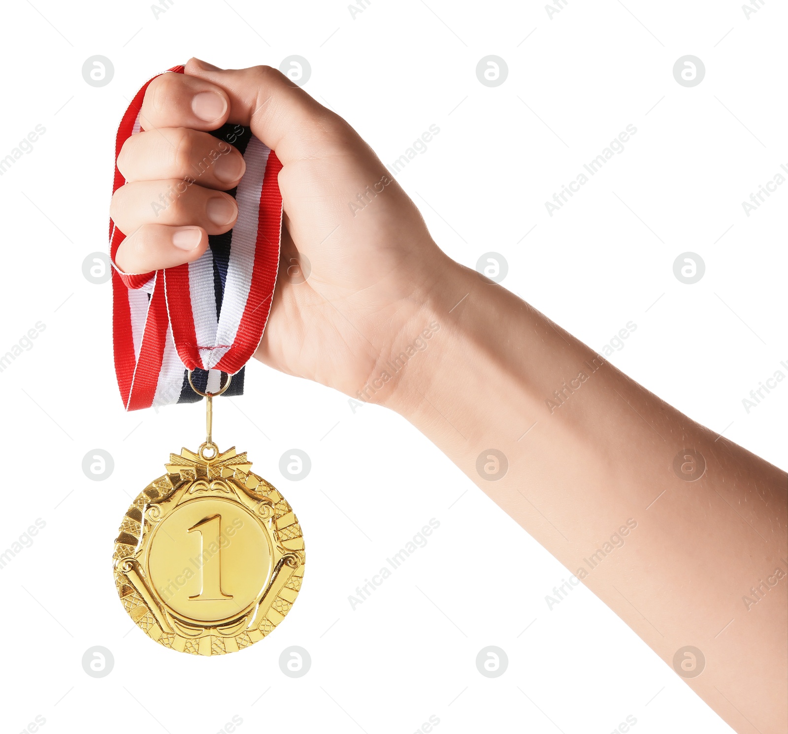 Photo of Woman with golden medal on white background, closeup