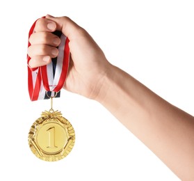 Photo of Woman with golden medal on white background, closeup