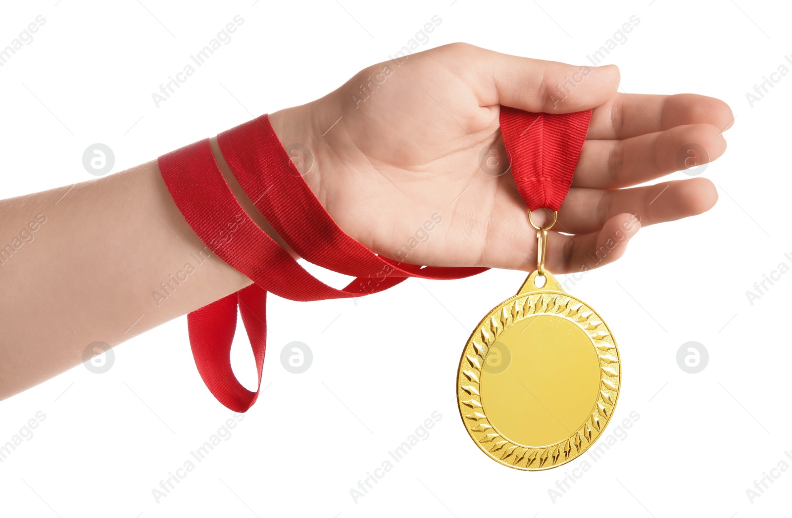 Photo of Woman with golden medal on white background, closeup