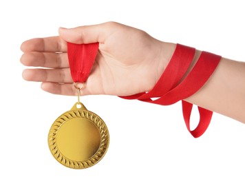 Photo of Woman with golden medal on white background, closeup