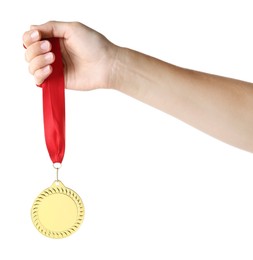 Photo of Woman with golden medal on white background, closeup