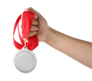 Photo of Woman with silver medal on white background, closeup