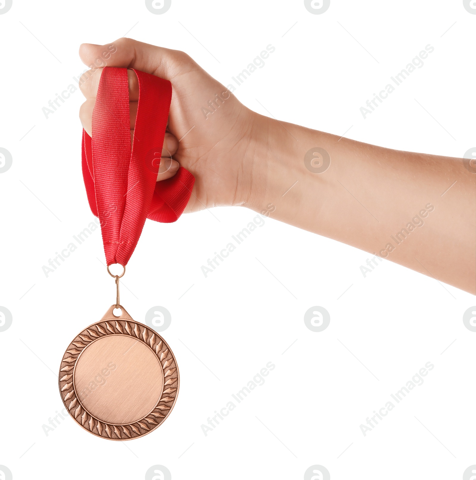 Photo of Woman with bronze medal on white background, closeup