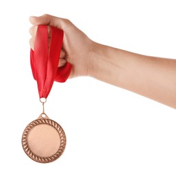 Photo of Woman with bronze medal on white background, closeup