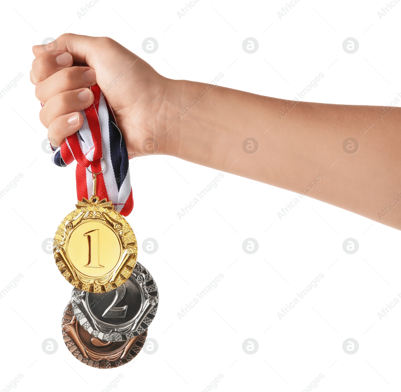 Photo of Woman with different medals on white background, closeup