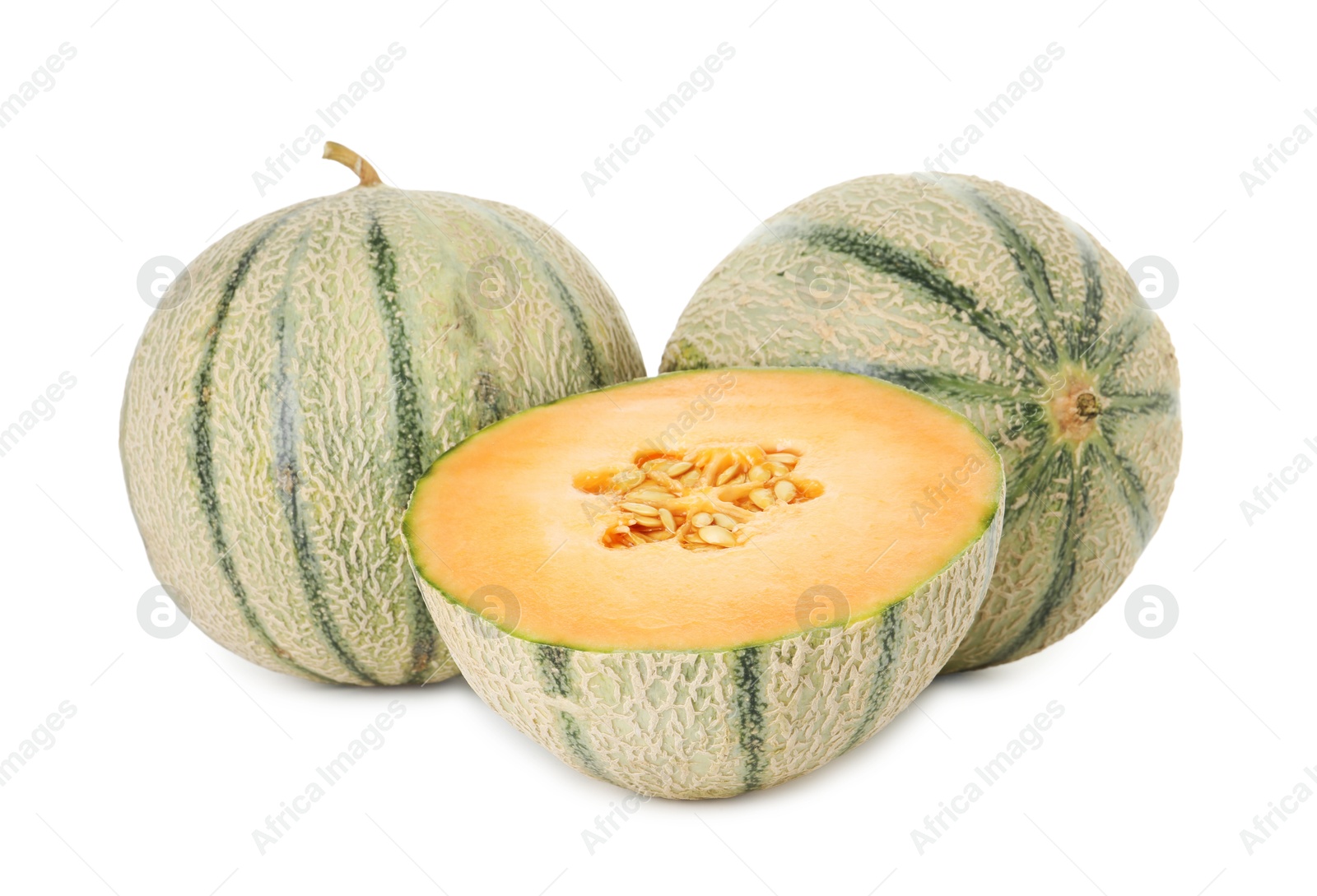 Photo of Tasty ripe Cantaloupe melons isolated on white