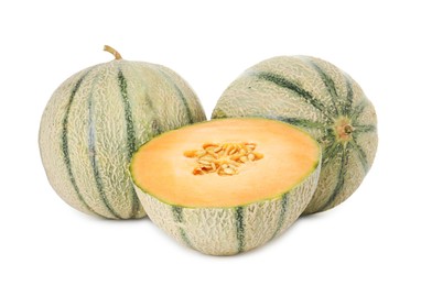 Photo of Tasty ripe Cantaloupe melons isolated on white