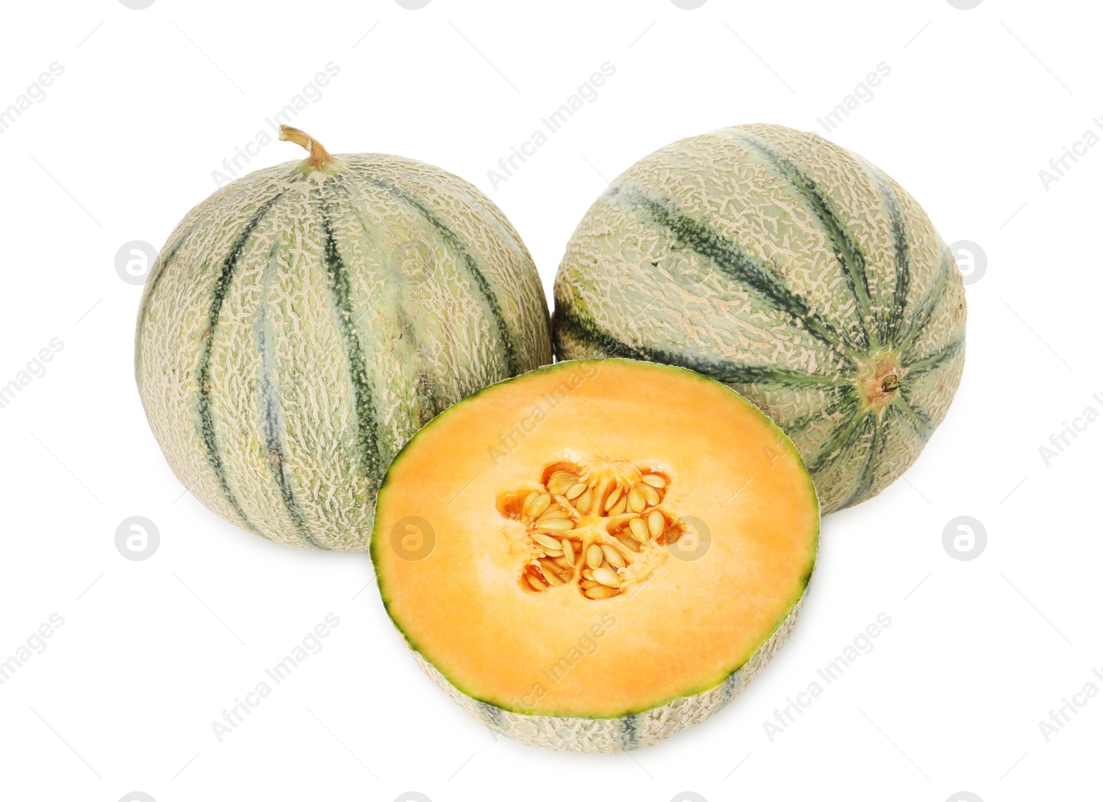 Photo of Tasty ripe Cantaloupe melons isolated on white