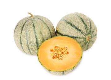 Photo of Tasty ripe Cantaloupe melons isolated on white