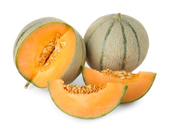 Photo of Tasty ripe Cantaloupe melons isolated on white