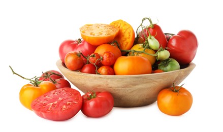 Different ripe tomatoes in bowl isolated on white