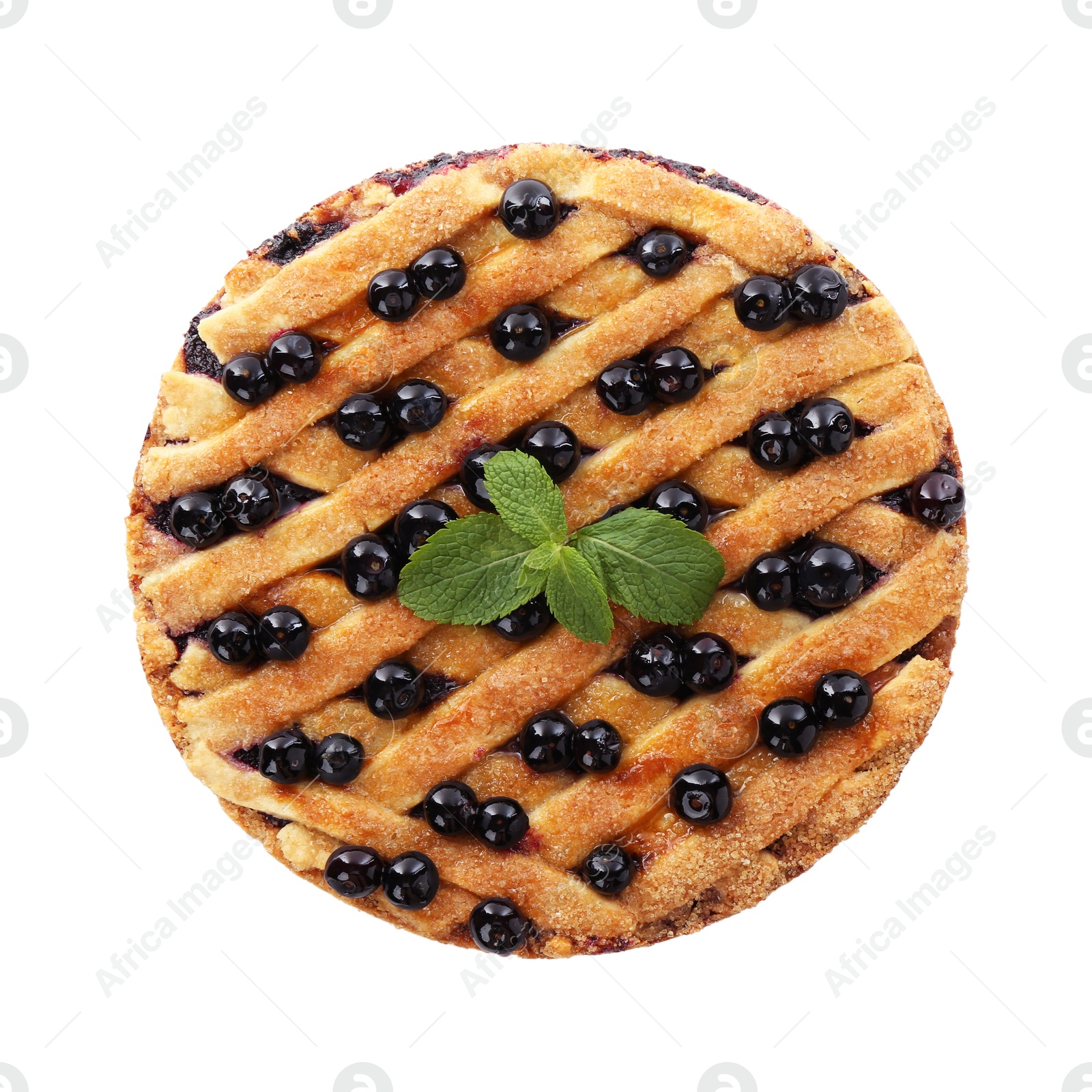 Photo of Delicious homemade blueberry pie with mint isolated on white, top view