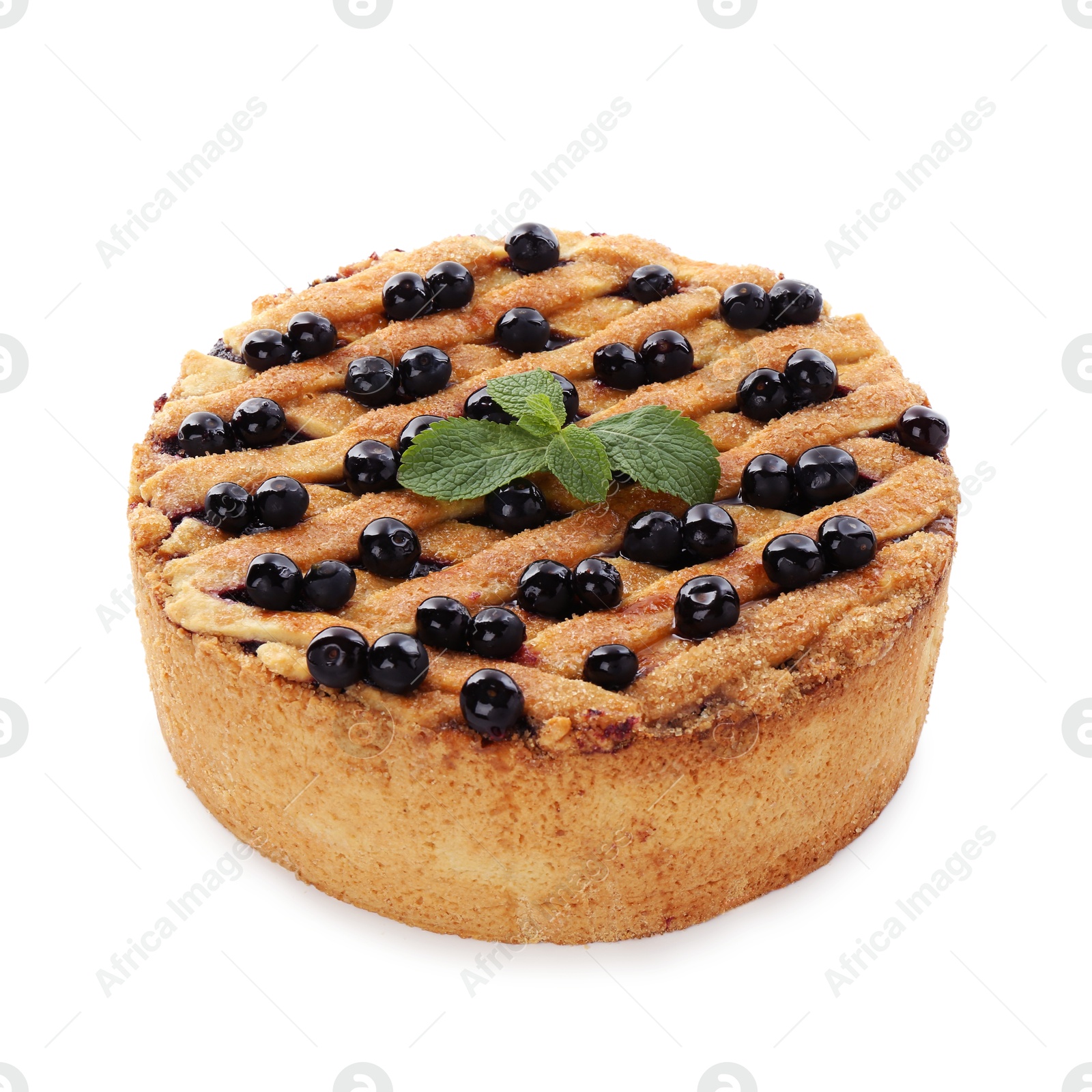 Photo of Delicious homemade blueberry pie with mint isolated on white