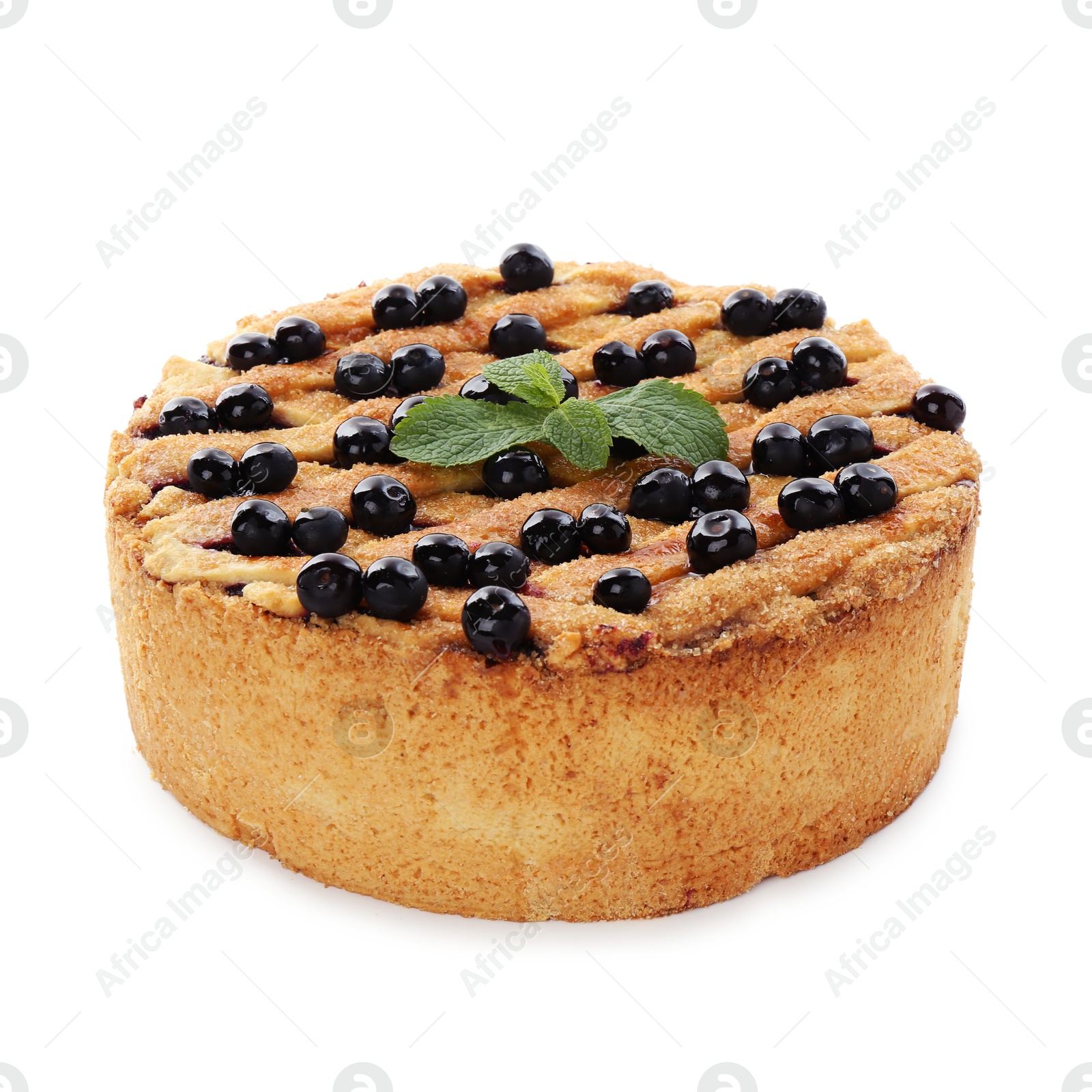 Photo of Delicious homemade blueberry pie with mint isolated on white