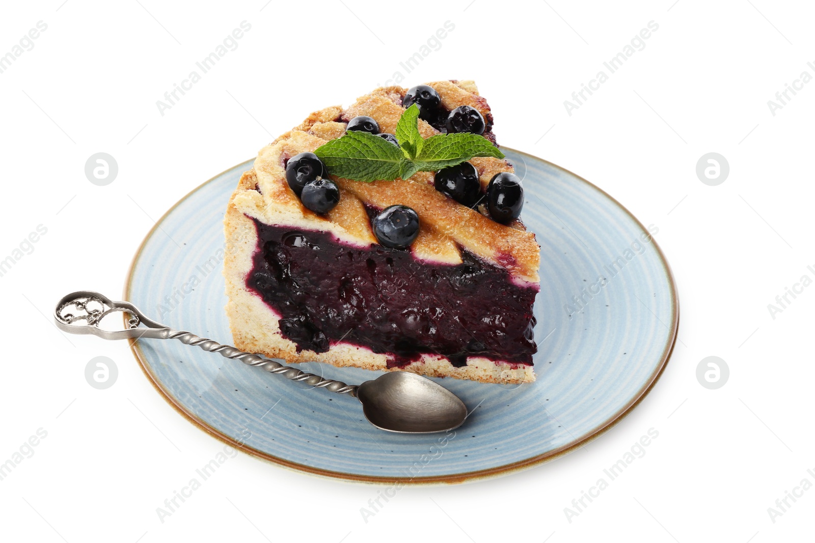 Photo of Slice of delicious homemade blueberry pie with mint isolated on white