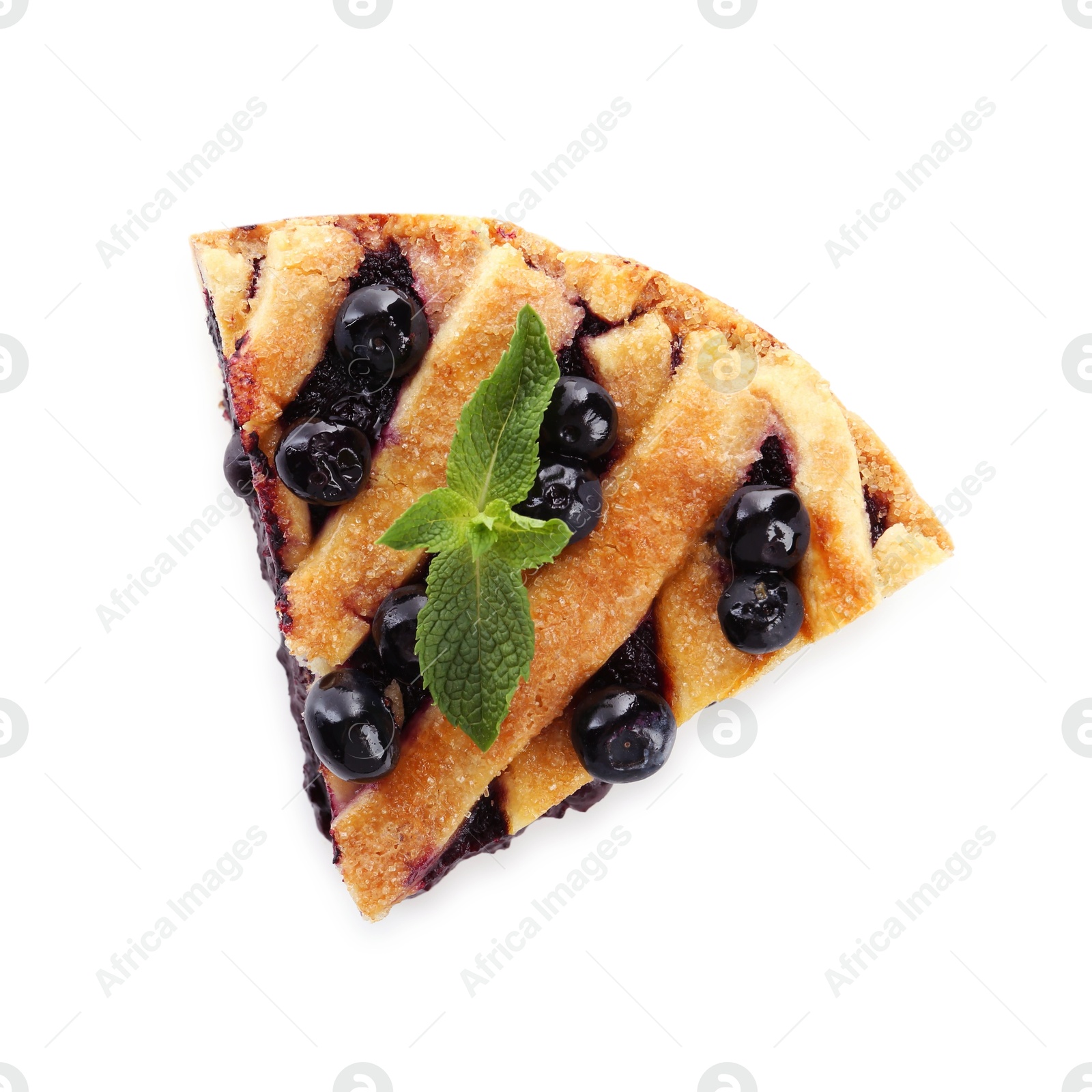 Photo of Slice of delicious homemade blueberry pie with mint isolated on white, top view