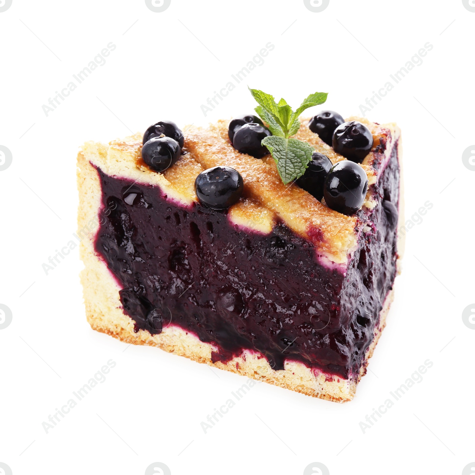 Photo of Slice of delicious homemade blueberry pie with mint isolated on white