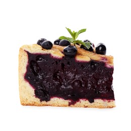 Photo of Slice of delicious homemade blueberry pie with mint isolated on white