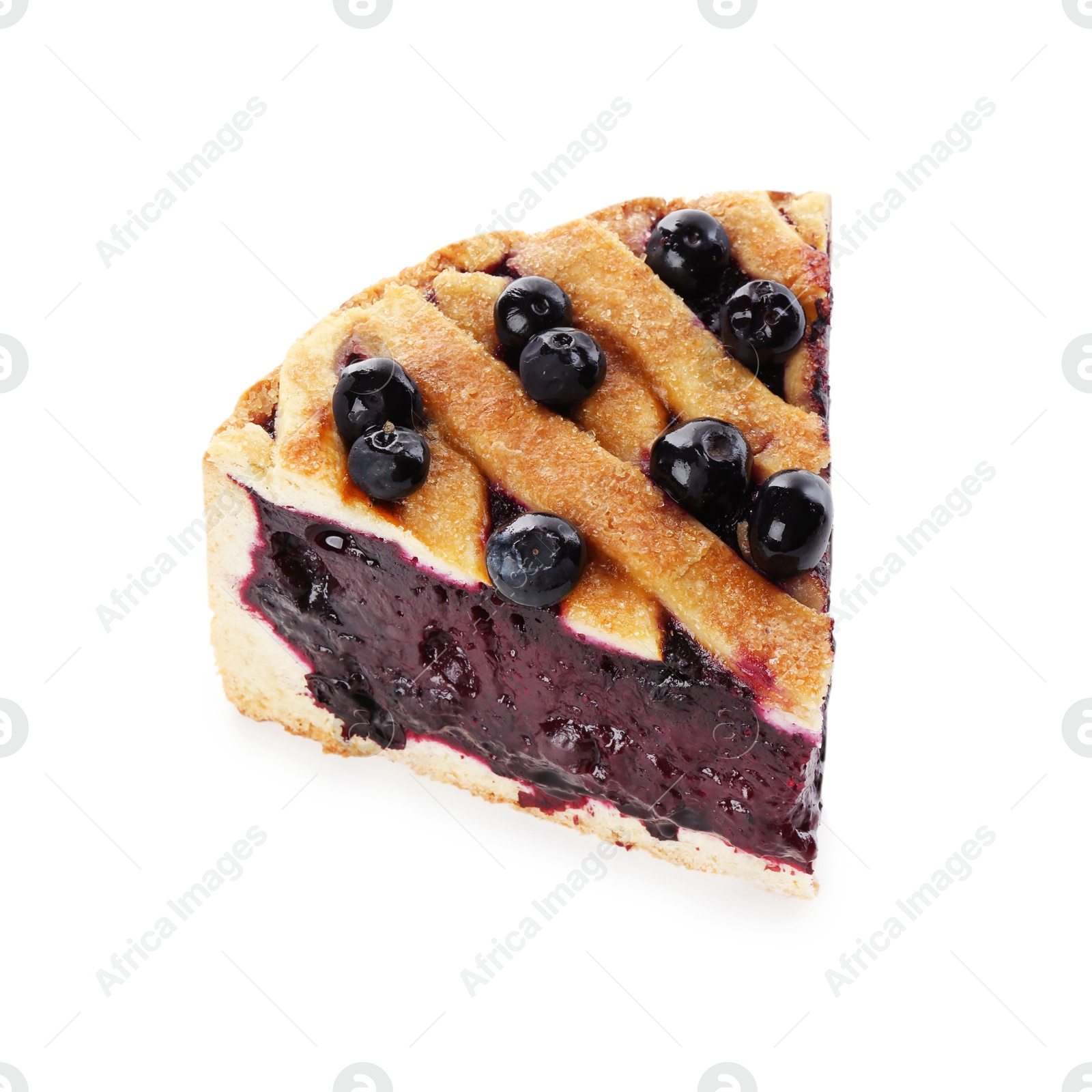 Photo of Slice of delicious homemade blueberry pie isolated on white