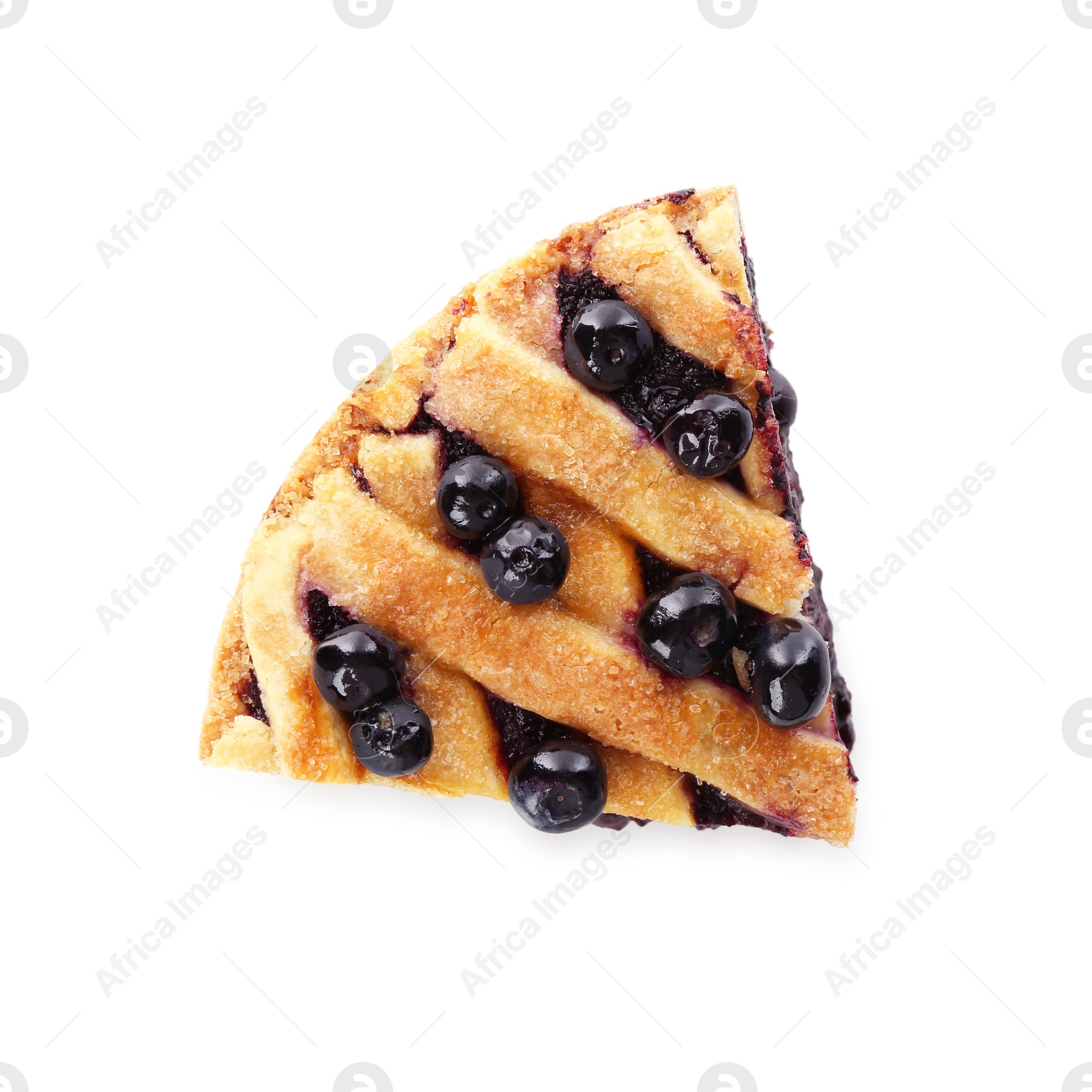 Photo of Slice of delicious homemade blueberry pie isolated on white, top view