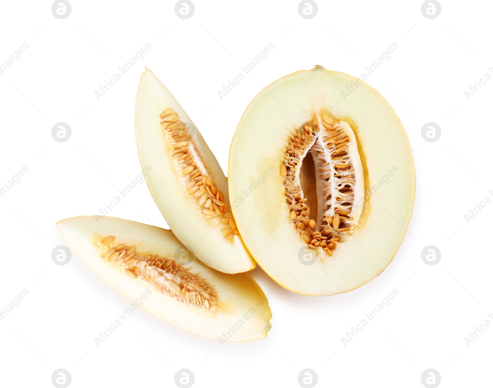 Photo of Pieces of ripe melon isolated on white, top view