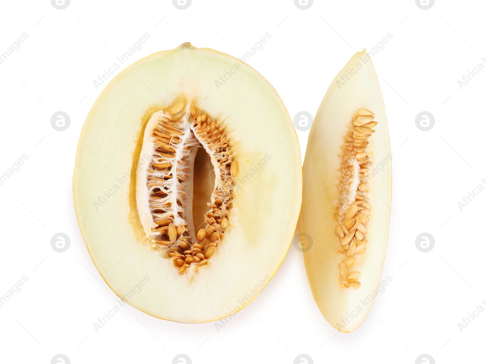 Photo of Pieces of ripe melon isolated on white, top view