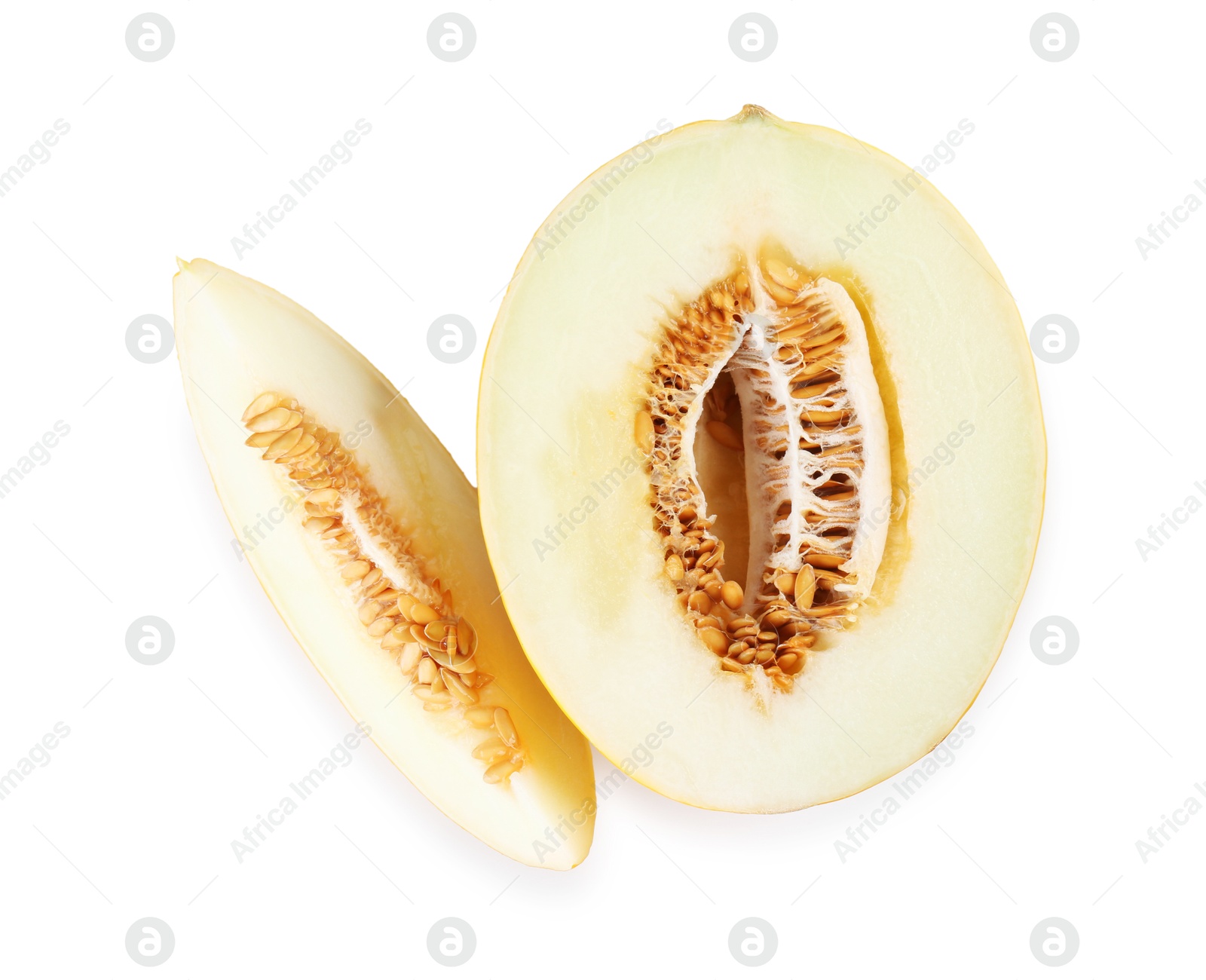 Photo of Pieces of ripe melon isolated on white, top view