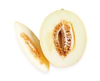 Photo of Pieces of ripe melon isolated on white, top view