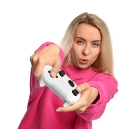 Woman playing video games with controller on white background