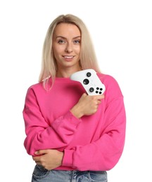 Photo of Happy woman with controller on white background