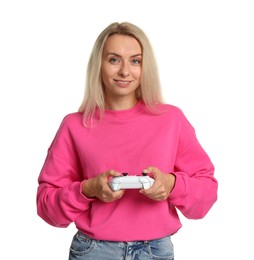 Photo of Happy woman with controller on white background