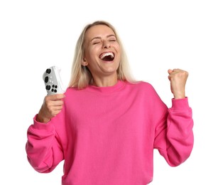 Photo of Happy woman with controller on white background