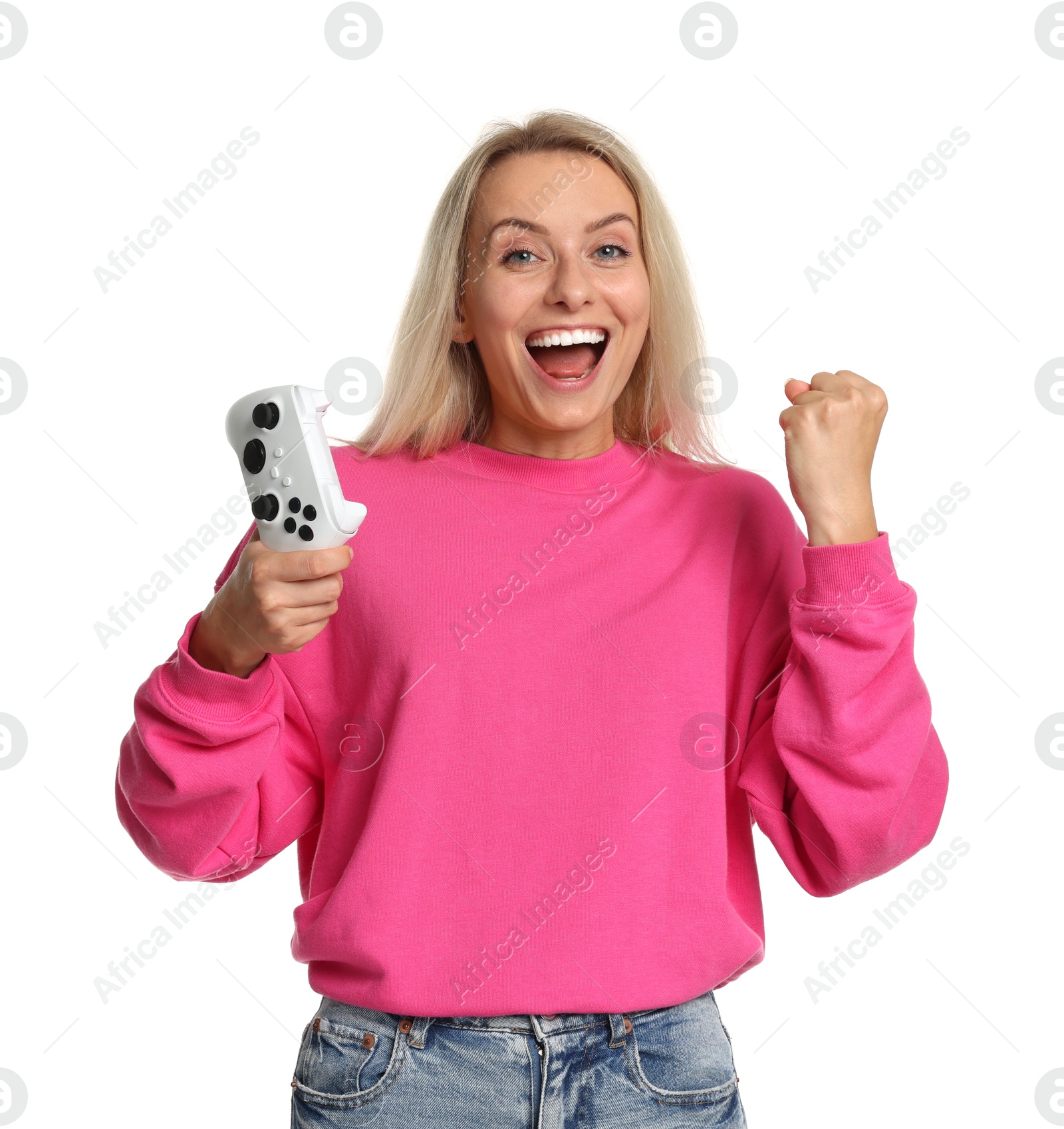 Photo of Happy woman with controller on white background