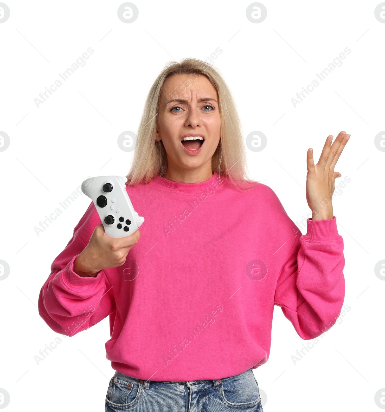 Photo of Emotional woman with controller on white background