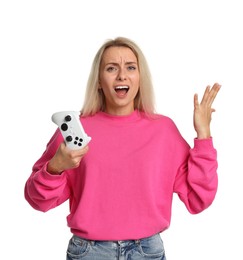 Photo of Emotional woman with controller on white background