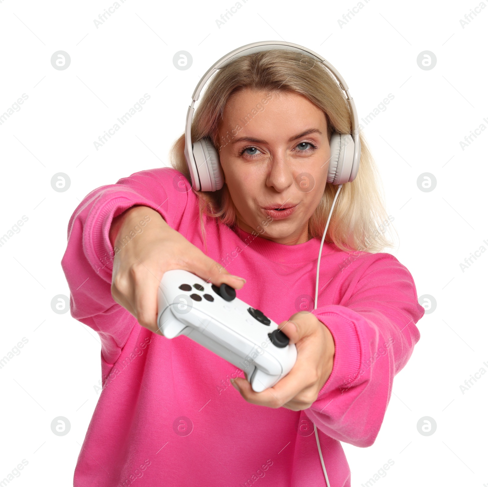 Photo of Woman playing video games with controller on white background