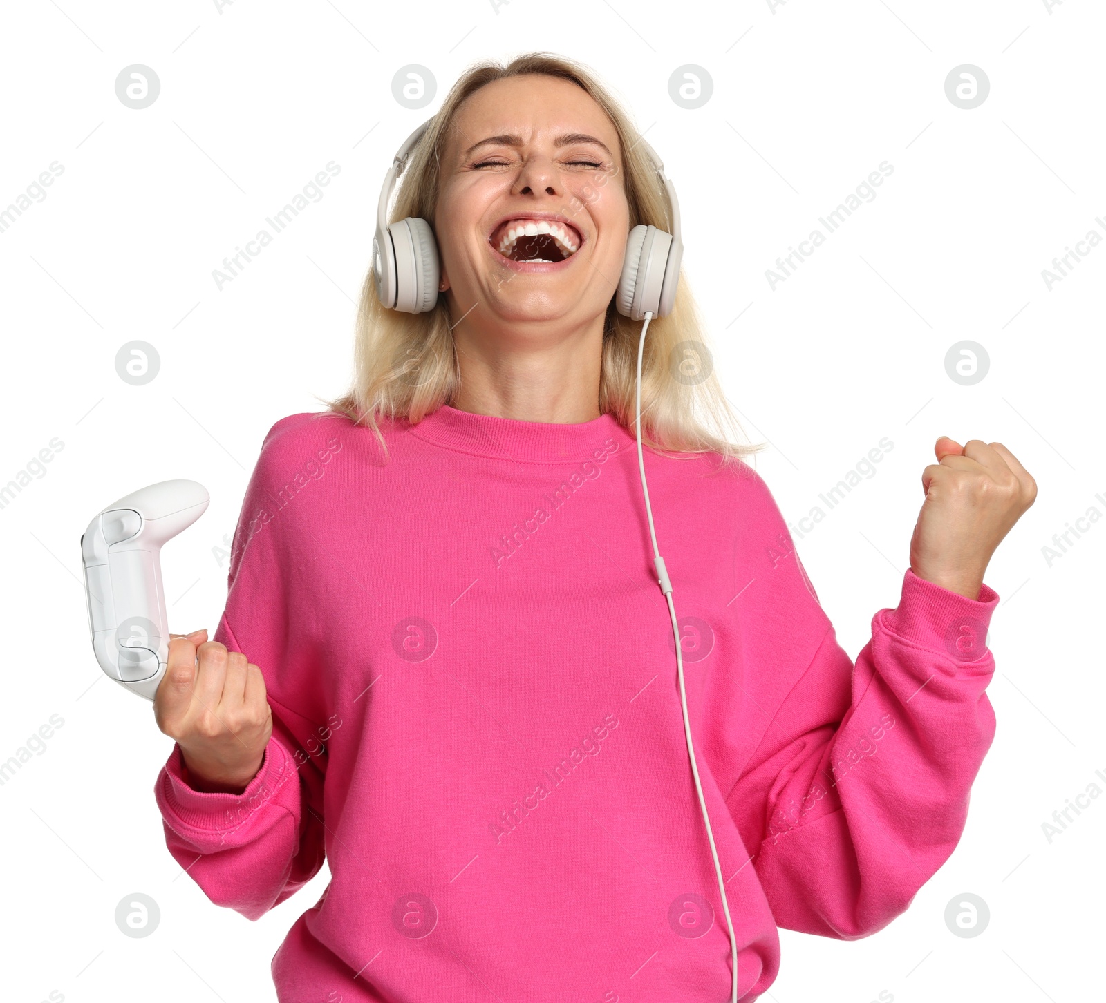 Photo of Happy woman with controller on white background