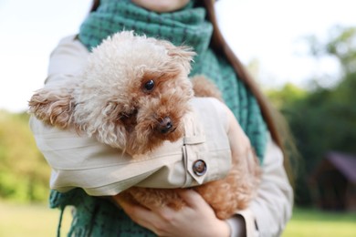 Woman with her cute dog outdoors, closeup