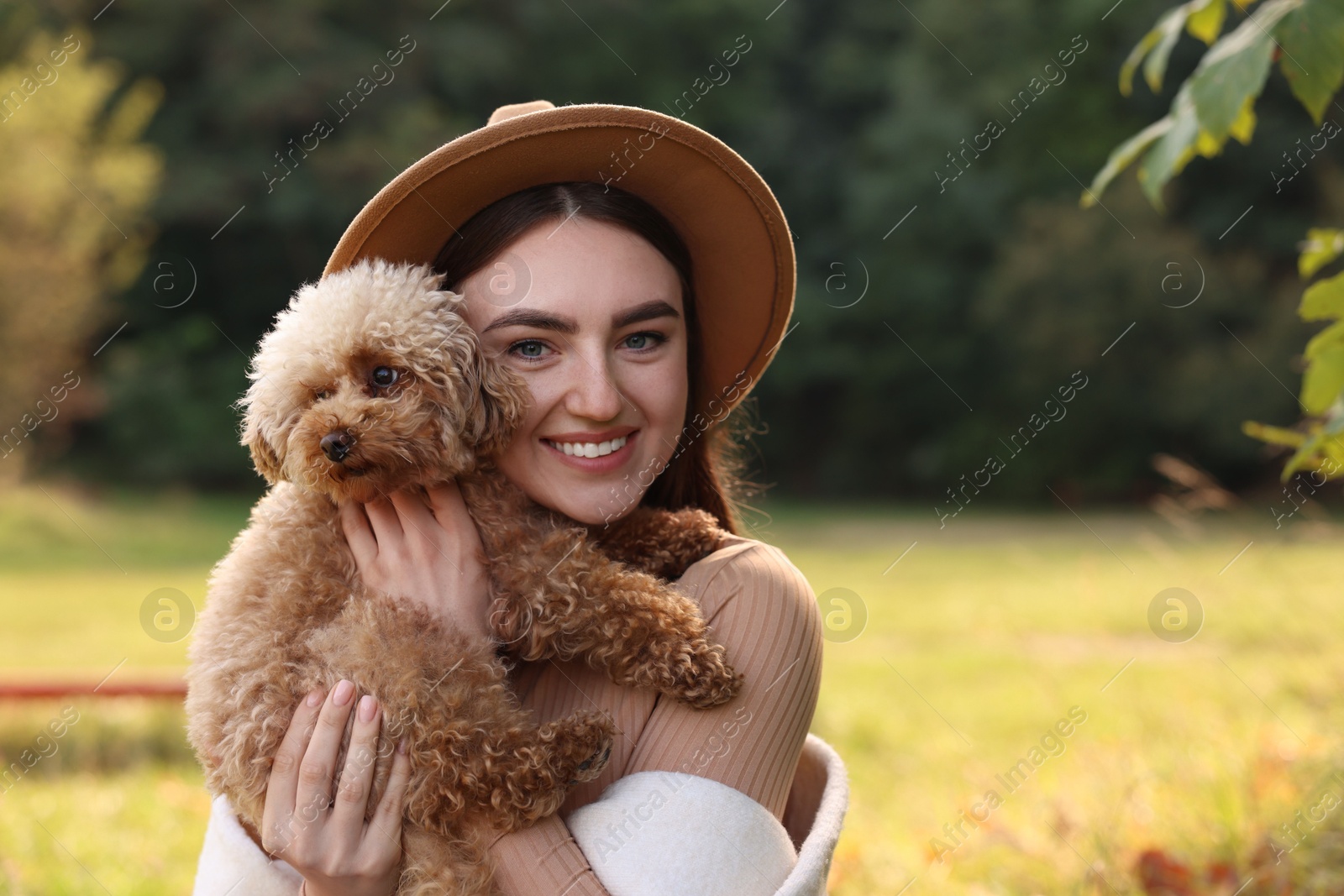 Photo of Smiling woman with cute dog outdoors on sunny day. Space for text