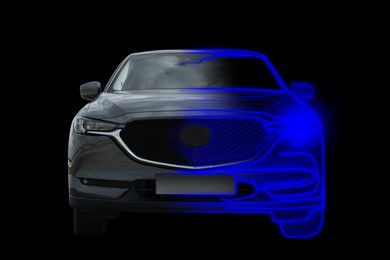 Image of Futuristic car with digital wireframe, combined design. Front view