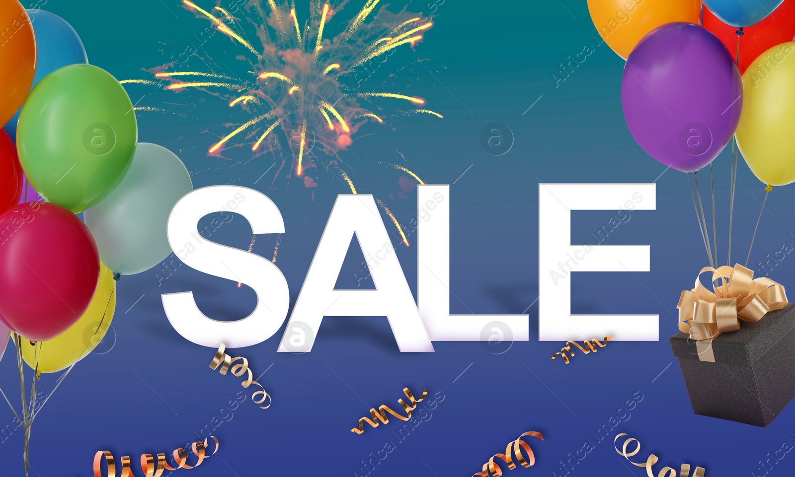 Image of Hot offer flyer design with word Sale, balloons and gift box on gradient background