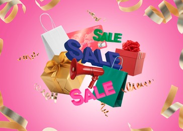 Image of Hot offer flyer design with words Sale, megaphone, shopping bags and gift boxes on pink gradient background