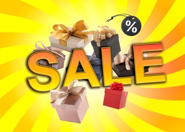 Image of Hot offer flyer design. Word Sale and gift boxes on striped yellow background