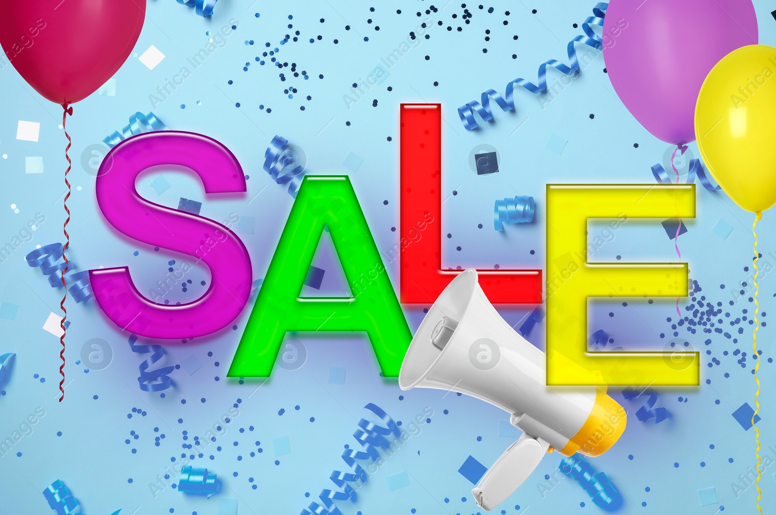 Image of Hot offer flyer design with word Sale, megaphone and balloons on light blue background