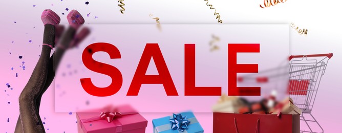 Image of Hot offer flyer design with word Sale and gift boxes on color background, banner