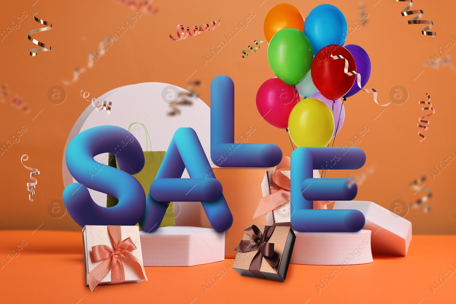 Image of Hot offer flyer design with word Sale, balloons and gift boxes on orange background