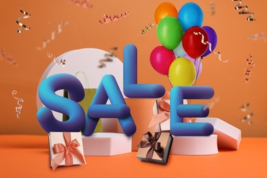 Image of Hot offer flyer design with word Sale, balloons and gift boxes on orange background