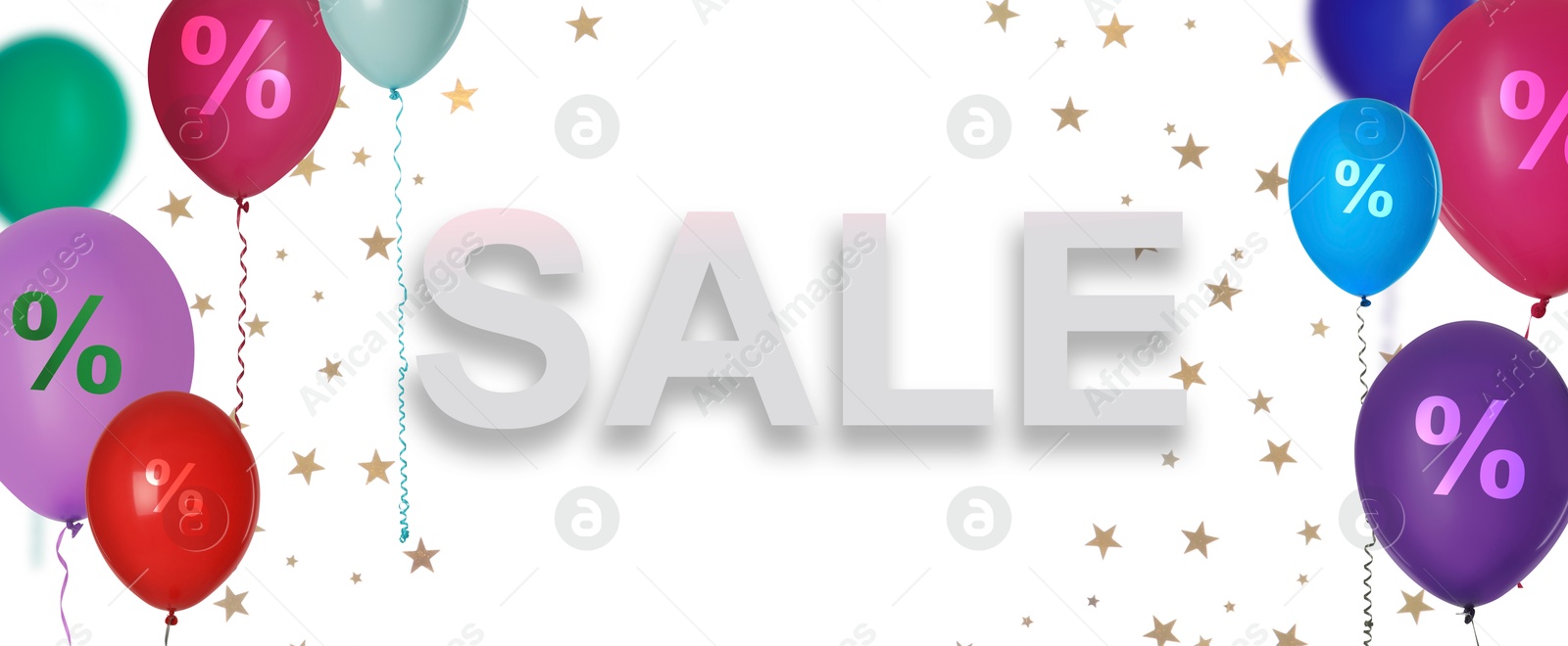 Image of Hot offer flyer design. Word Sale and balloons with percent signs on white background, banner